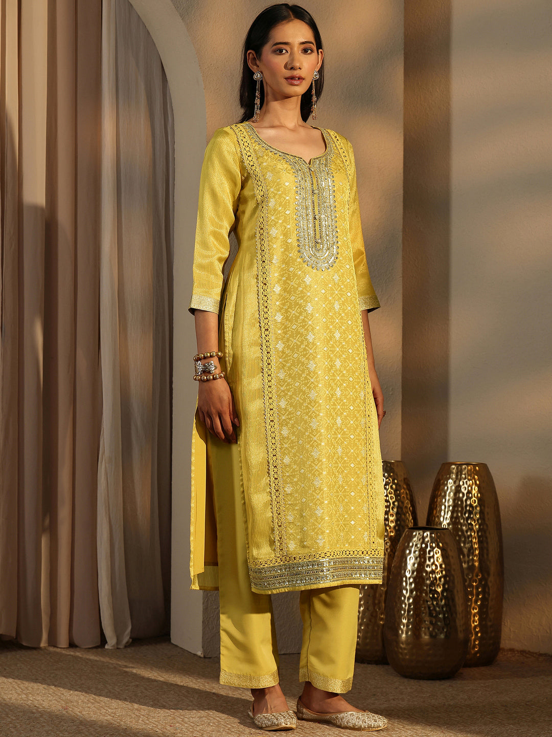  Lime Green Embroidered Silk Blend Straight Suit Set With Dupatta 