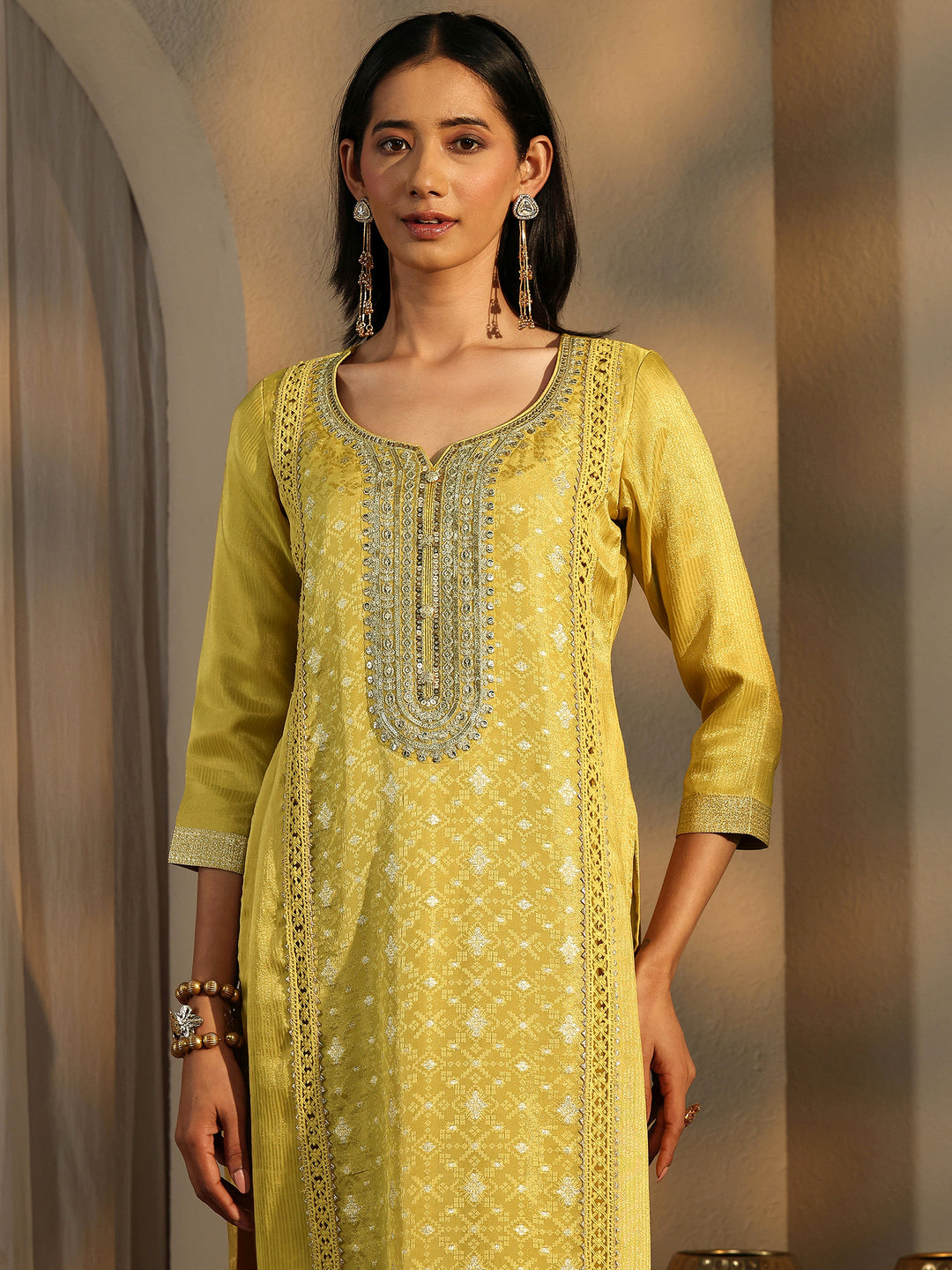 Lime Green Embroidered Silk Blend Straight Suit Set With Dupatta 