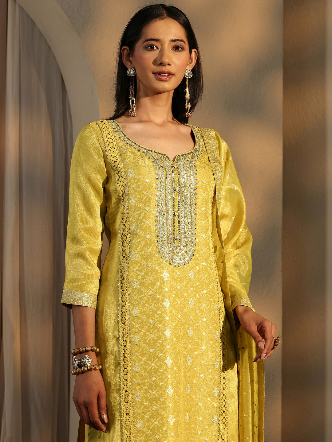  Lime Green Embroidered Silk Blend Straight Suit Set With Dupatta 