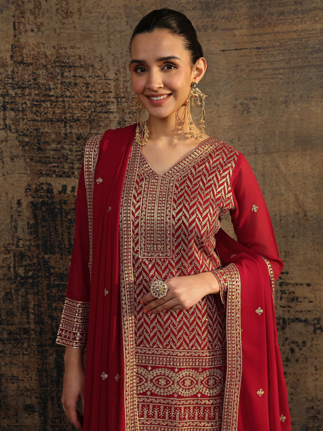 Red Embroidered Georgette Straight Suit Set With Dupatta 