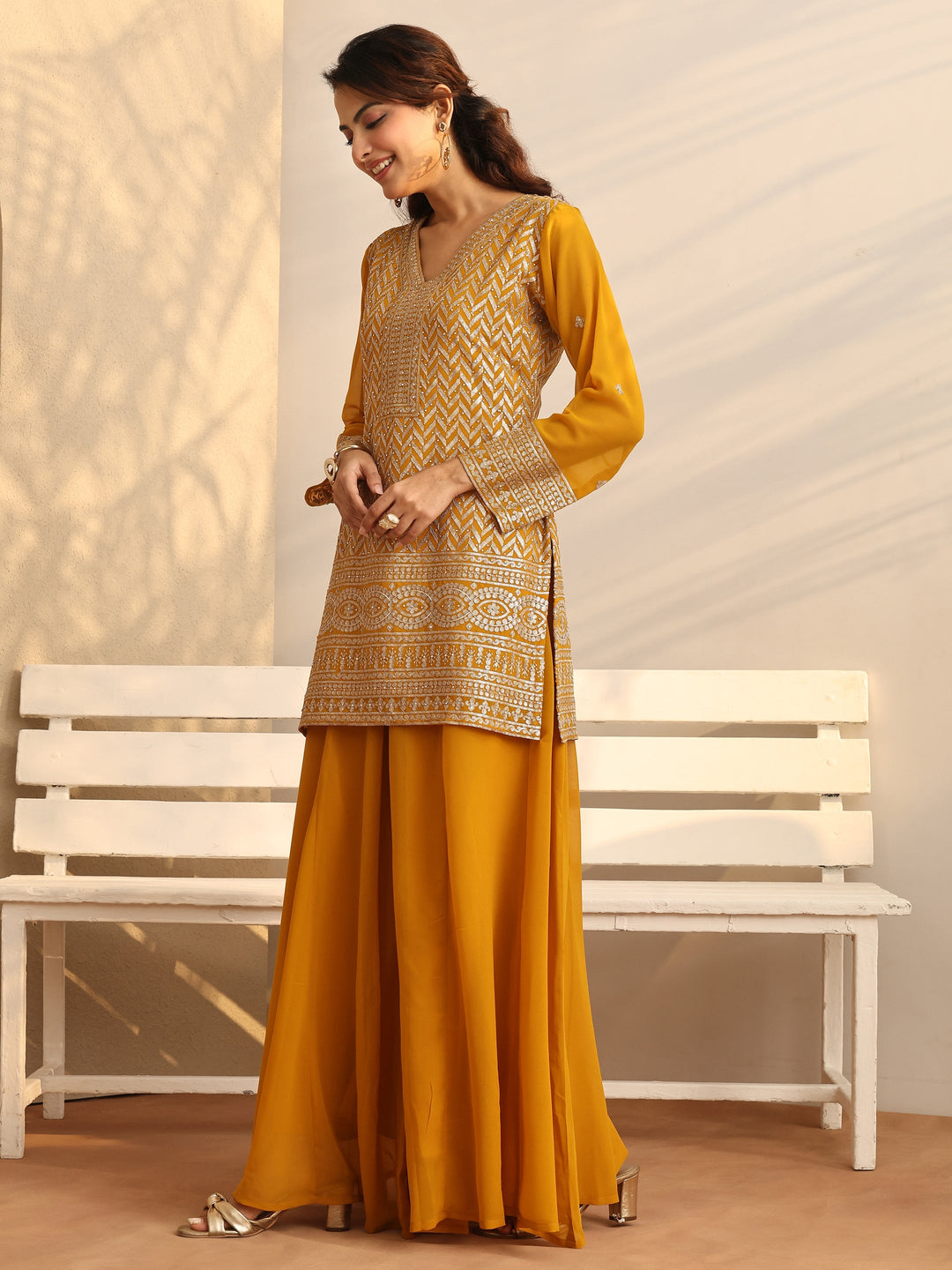 Mustard Chevron Embroidered Georgette Straight Suit Set With Dupatta 