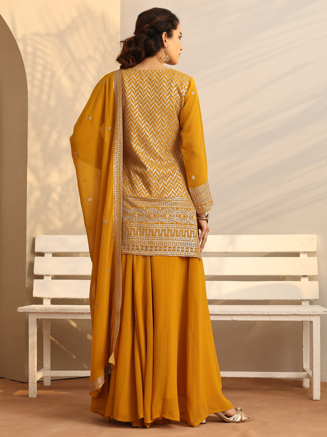  Mustard Chevron Embroidered Georgette Straight Suit Set With Dupatta 