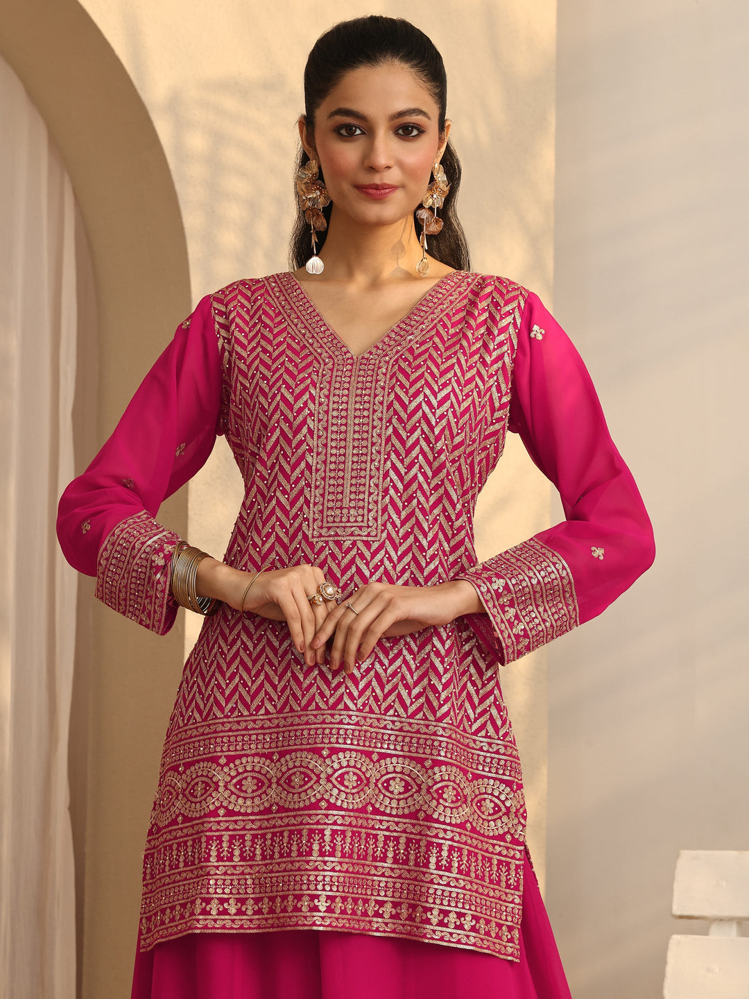  Pink Chevron Embroidered Georgette Straight Suit Set With Dupatta 