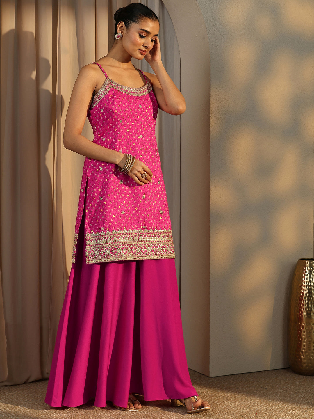  Pink Bandhani Embroidered Silk Blend Straight Suit Set With Dupatta 