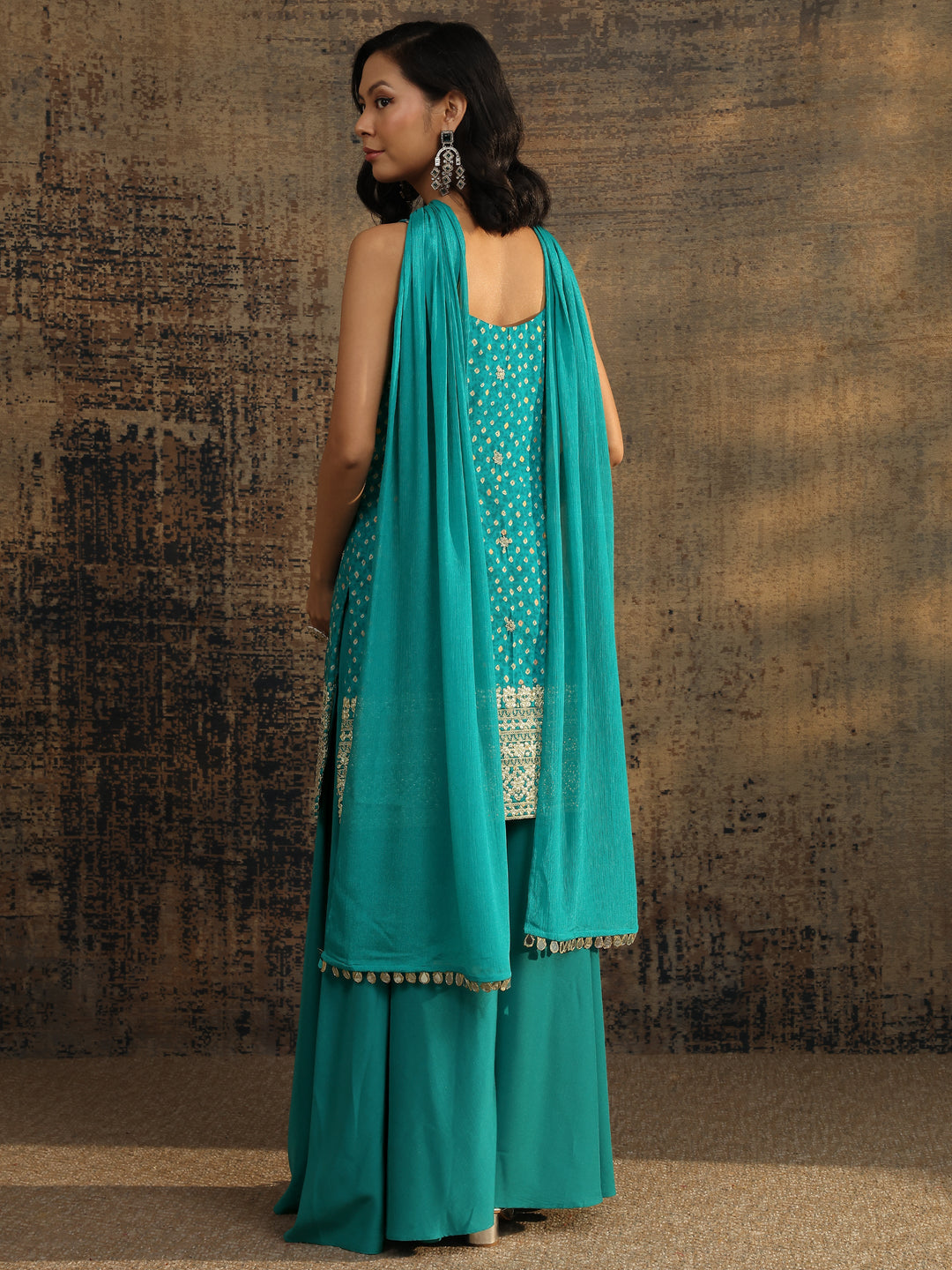  Blue Bandhani Printed Silk Blend Straight Suit Set With Dupatta 