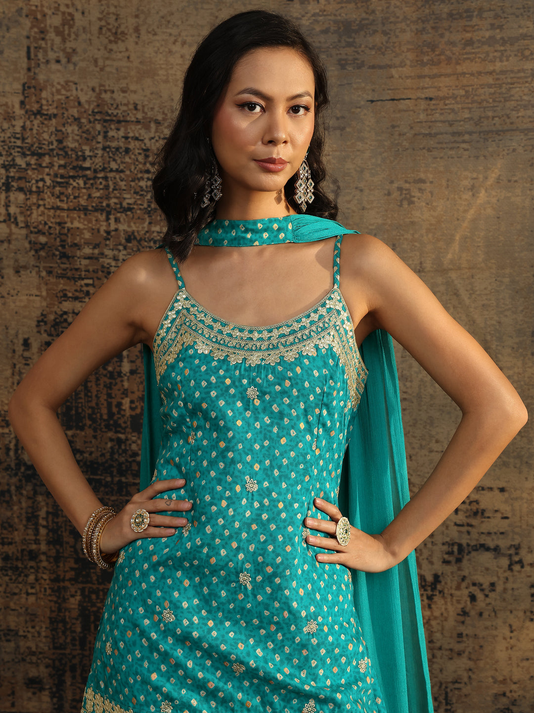  Blue Bandhani Printed Silk Blend Straight Suit Set With Dupatta 
