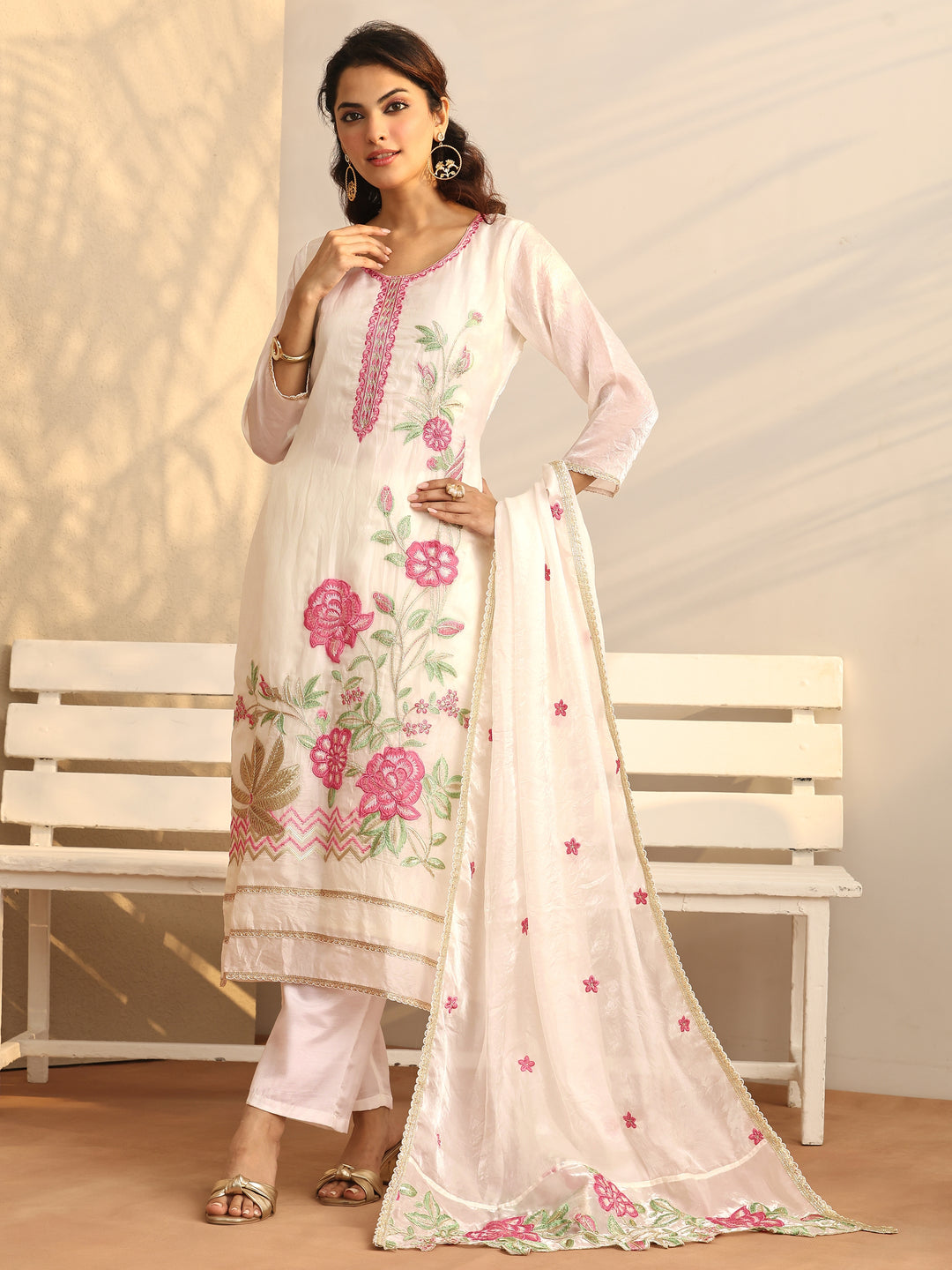  White Embroidered Organza Straight Suit Set With Dupatta 