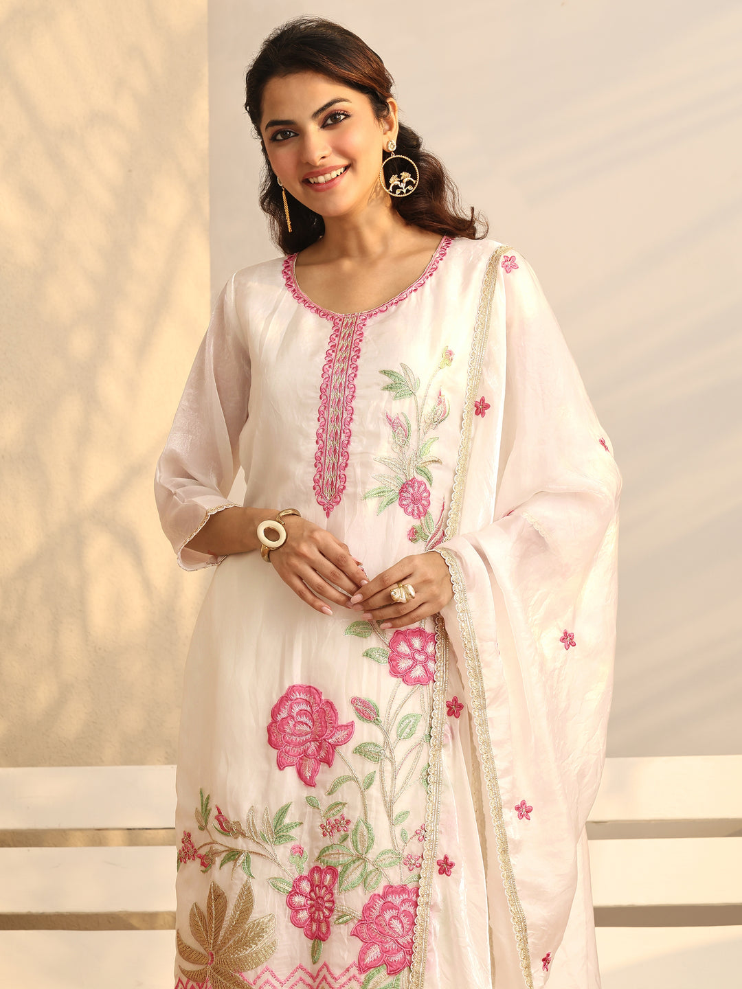  White Embroidered Organza Straight Suit Set With Dupatta 