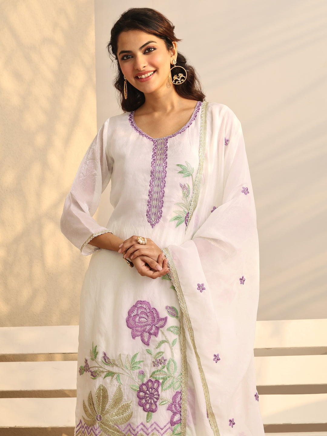  White Embroidered Organza Straight Suit Set With Dupatta 