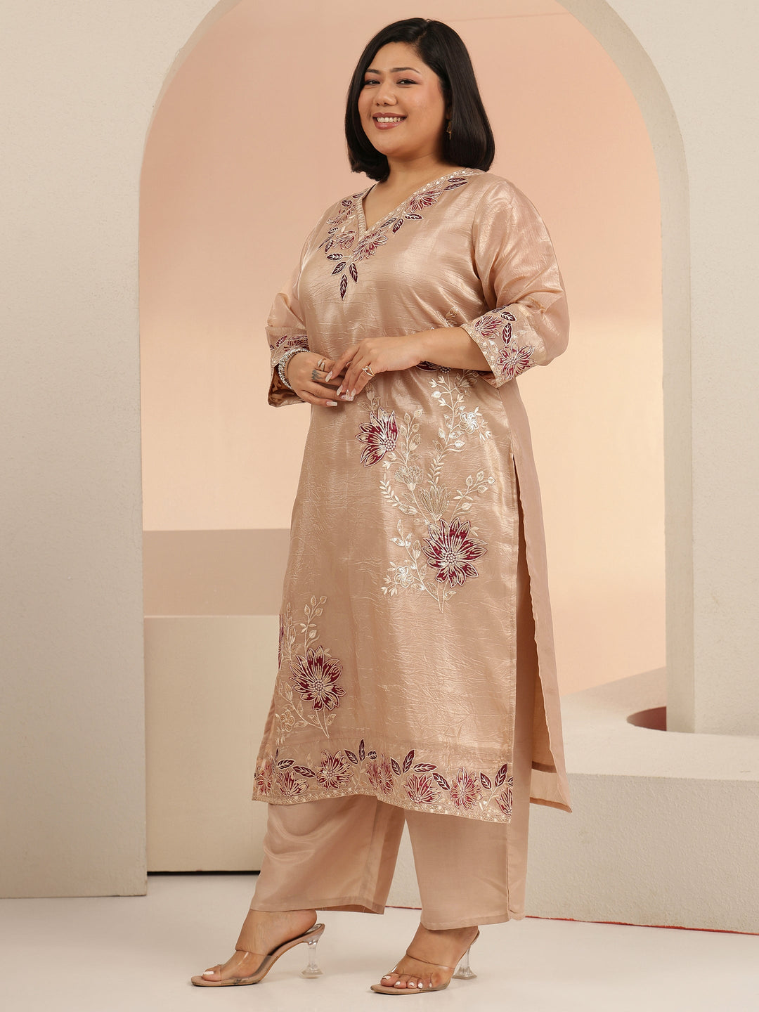  Plus Size Beige Embroidered Organza Straight Suit Set With Dupatta 