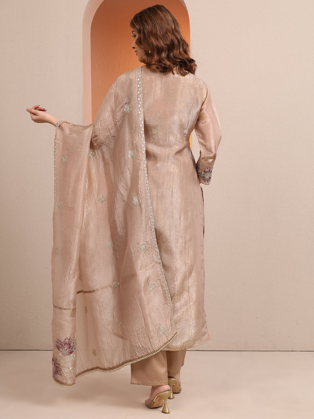  Beige Embroidered Organza Straight Suit Set With Dupatta 