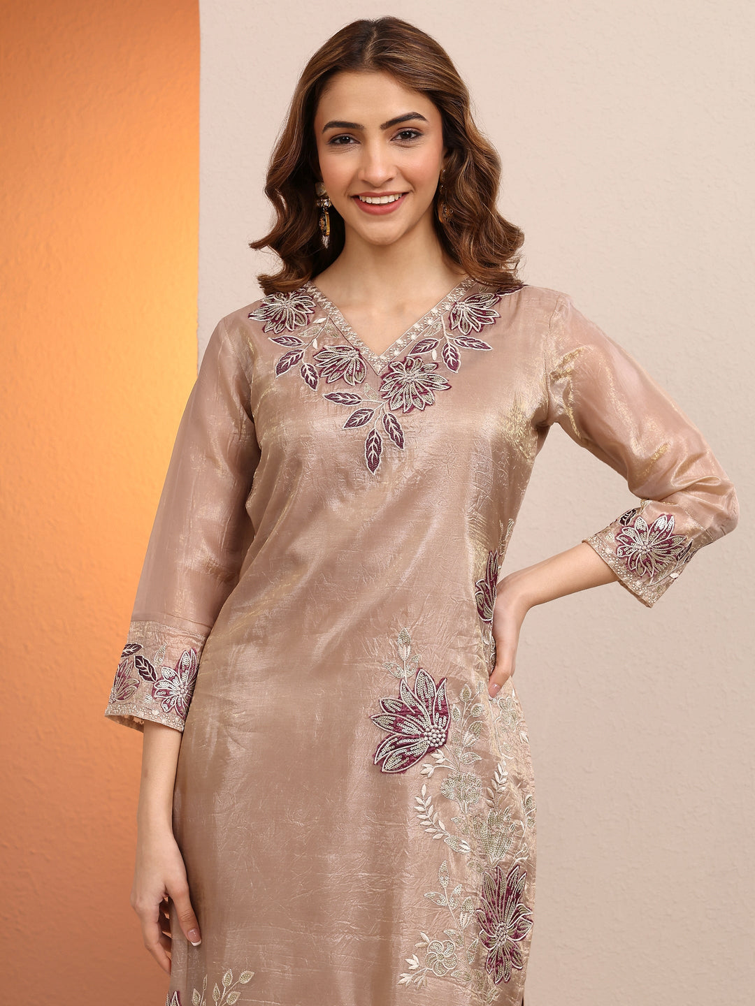  Beige Embroidered Organza Straight Suit Set With Dupatta 