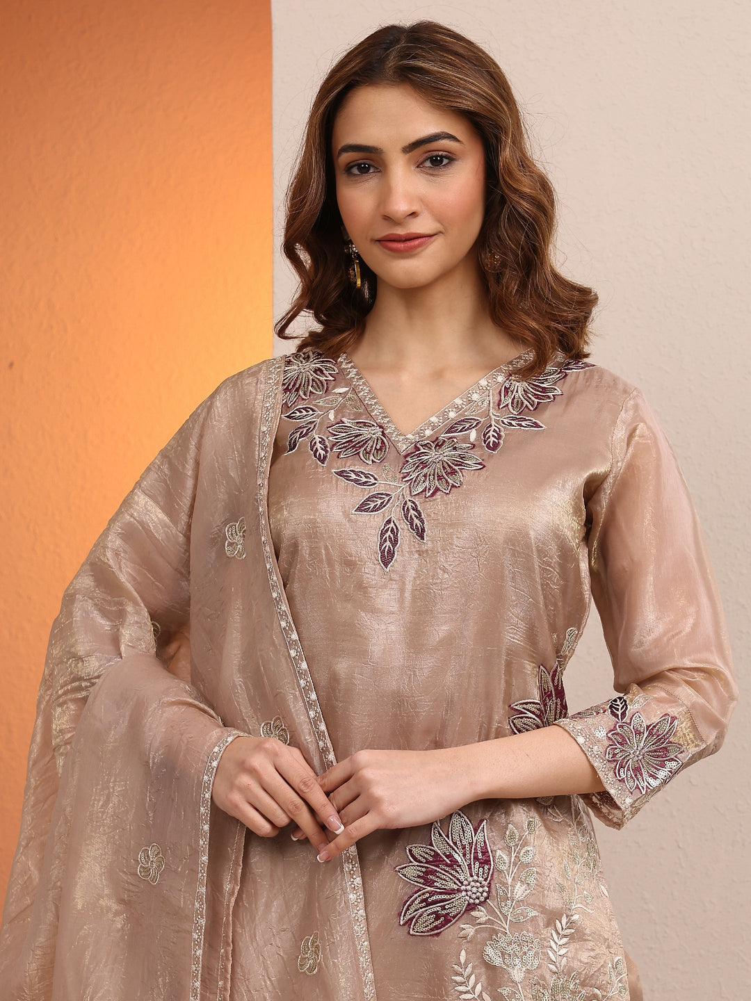  Beige Embroidered Organza Straight Suit Set With Dupatta 