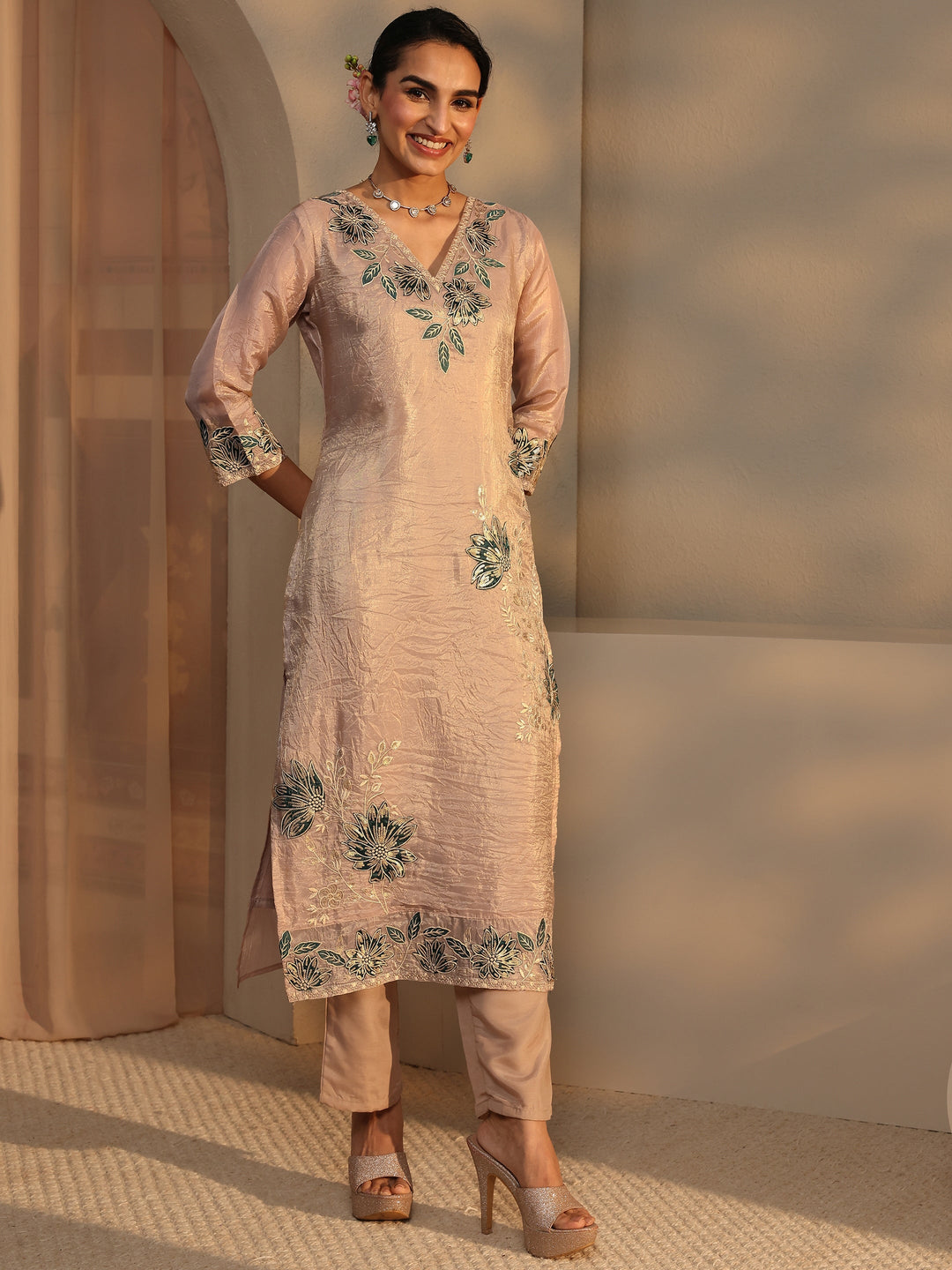  Beige Floral Embroidered Organza Straight Suit Set With Dupatta 
