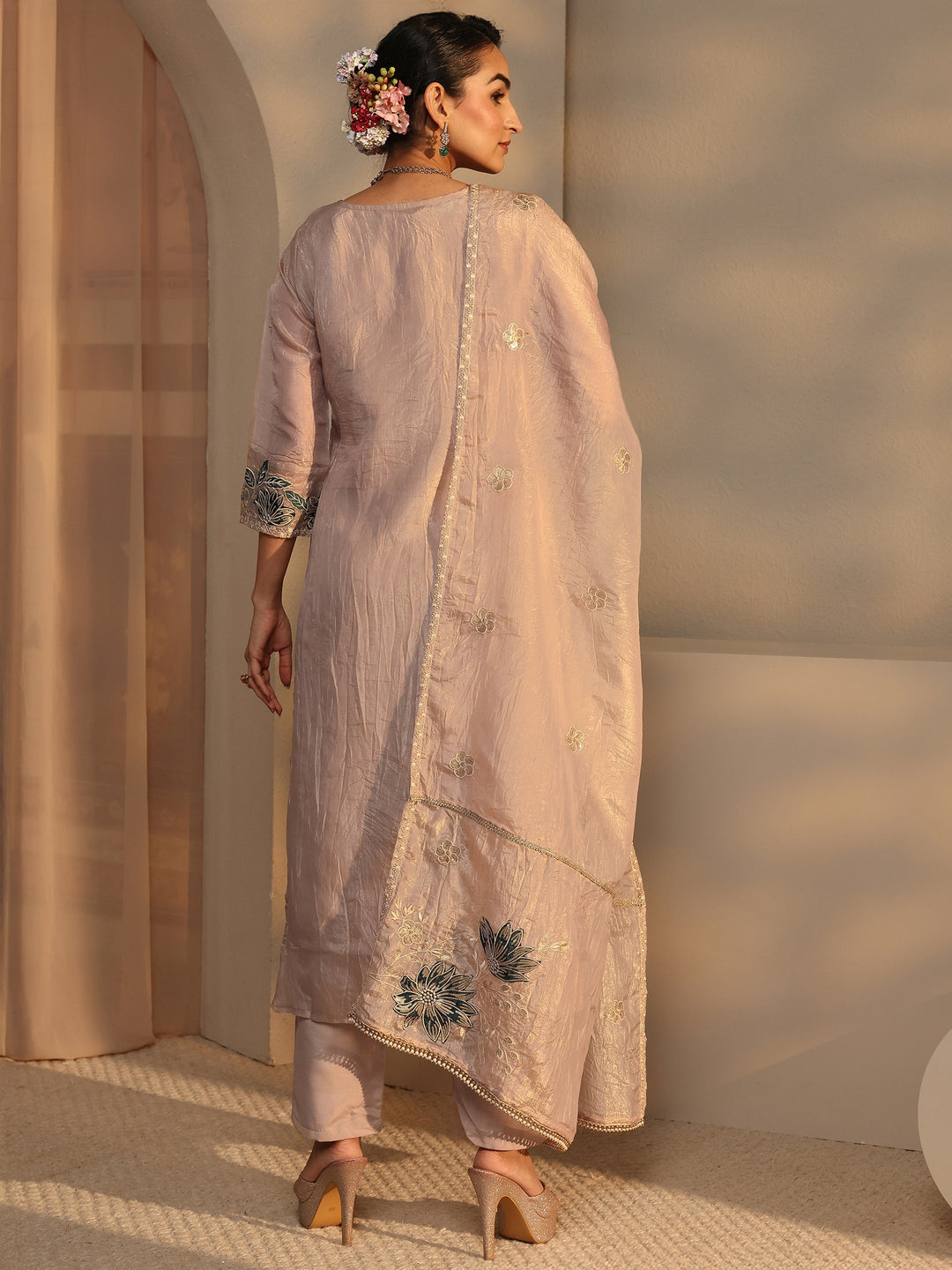  Beige Floral Embroidered Organza Straight Suit Set With Dupatta 