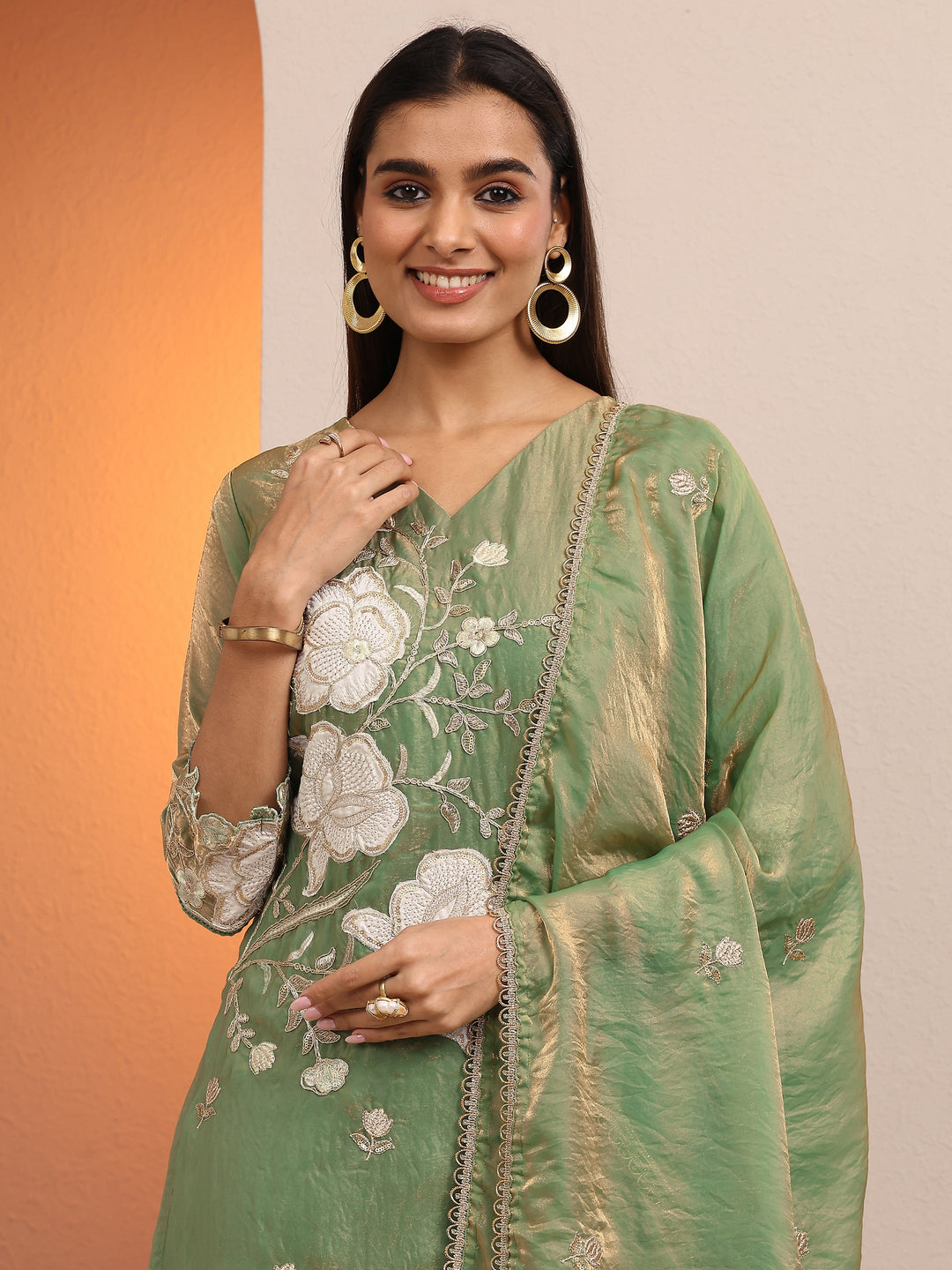 Green Embroidered Organza Straight Suit Set With Dupatta 