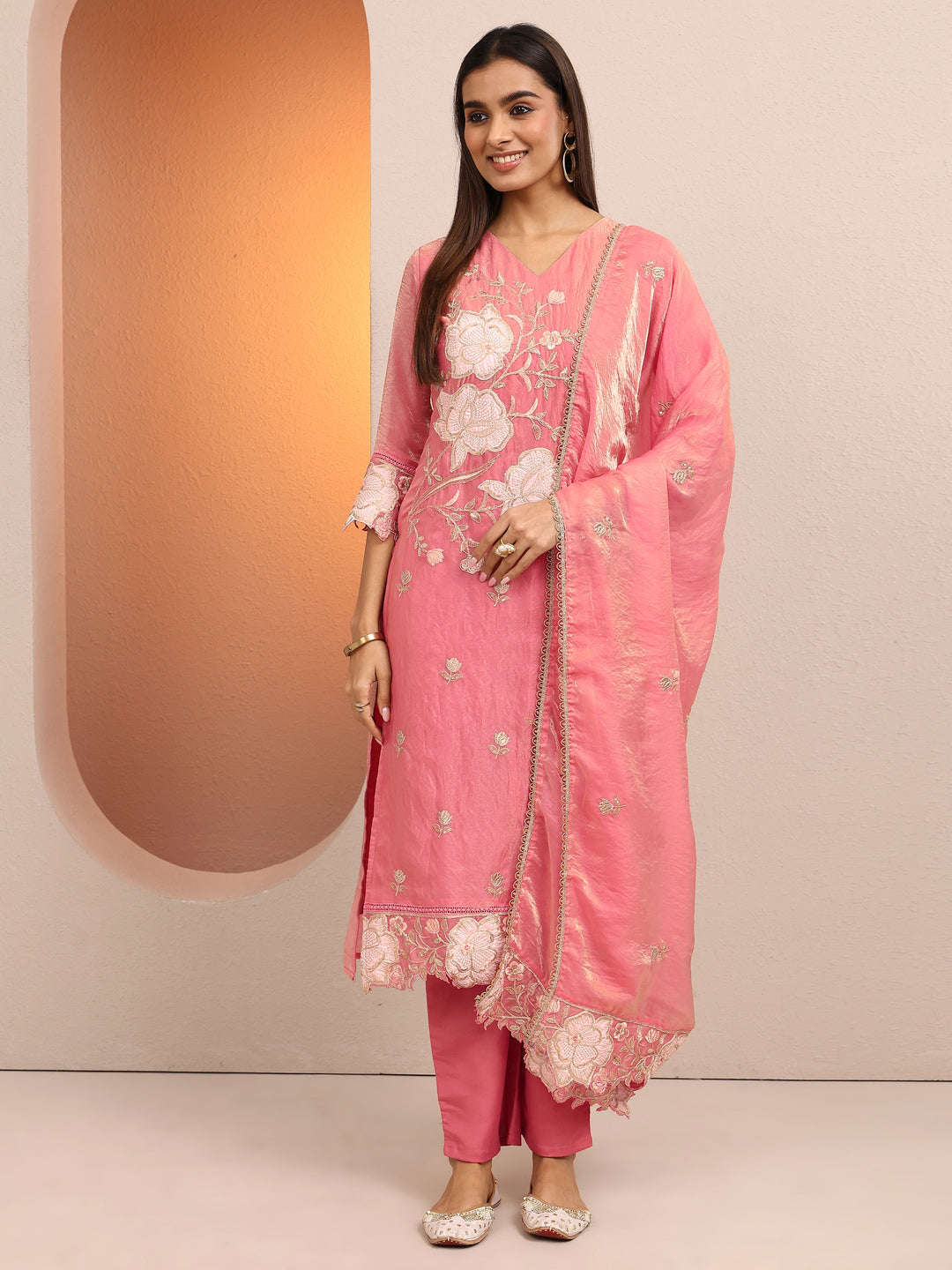  Peach Embroidered Organza Anarkali Suit Set With Dupatta 