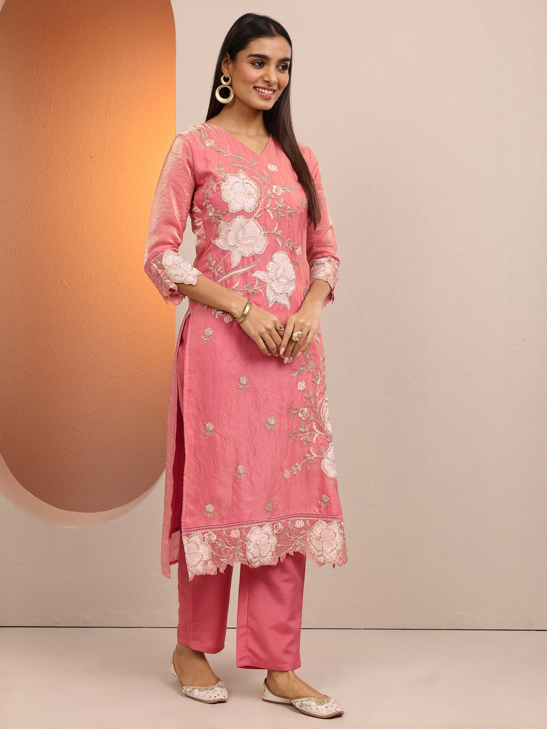  Peach Embroidered Organza Anarkali Suit Set With Dupatta 