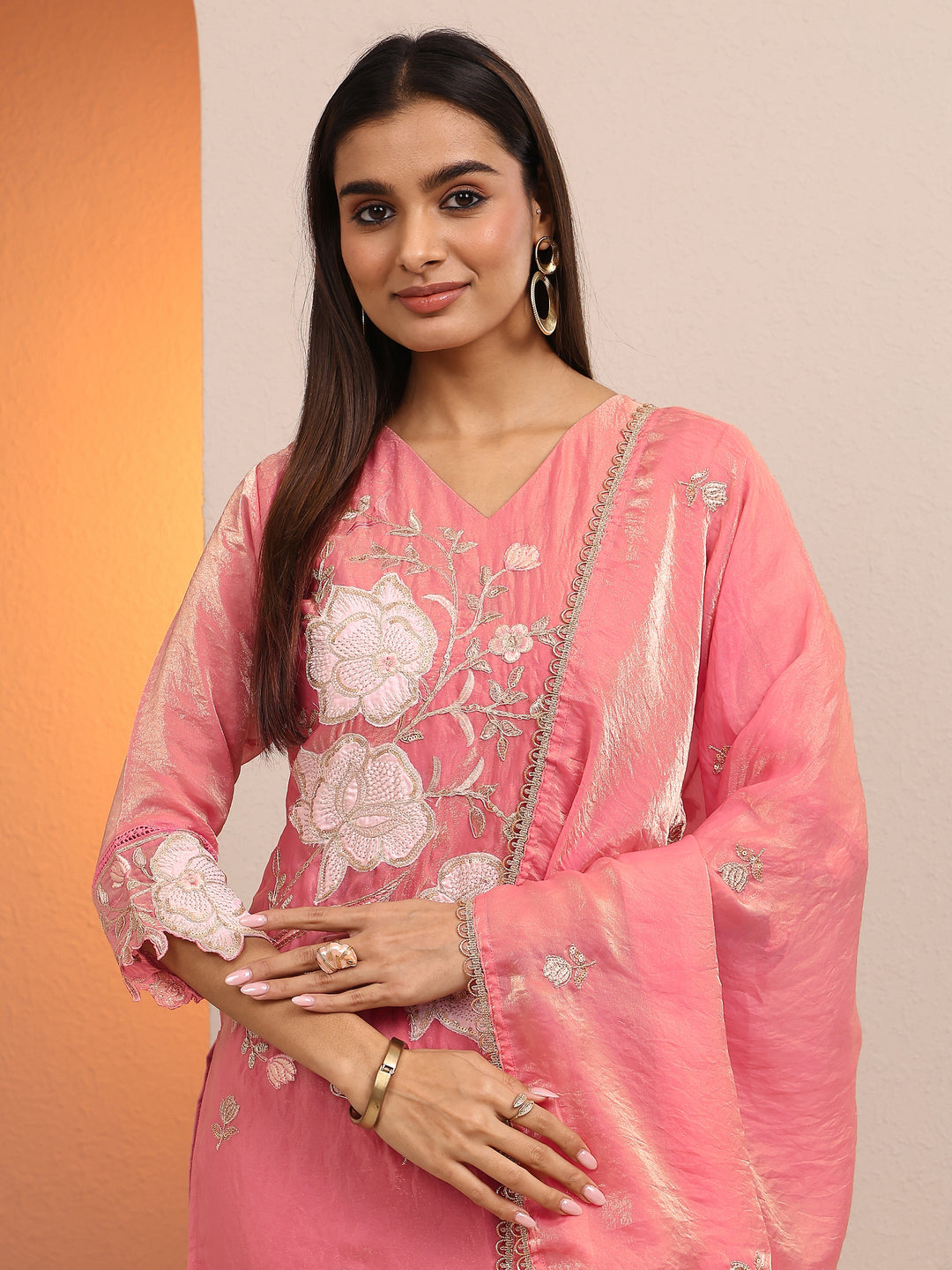  Peach Embroidered Organza Anarkali Suit Set With Dupatta 