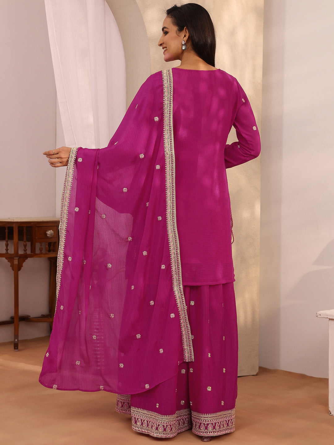  Pink Embroidered Chinon Straight Suit Set With Dupatta 