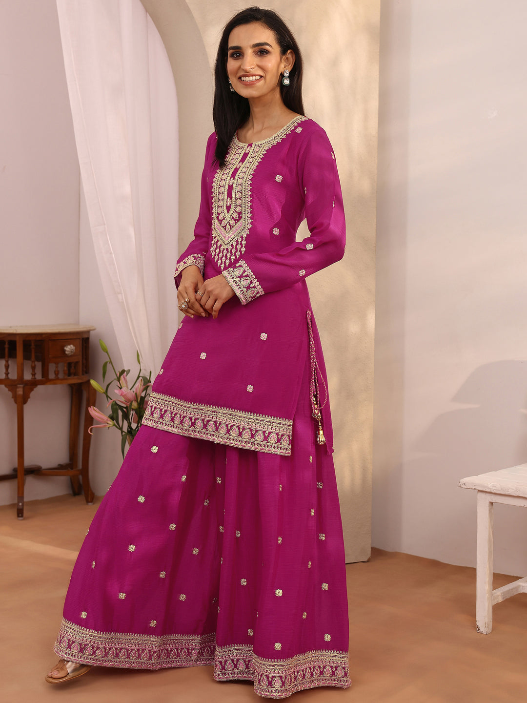  Pink Embroidered Chinon Straight Suit Set With Dupatta 