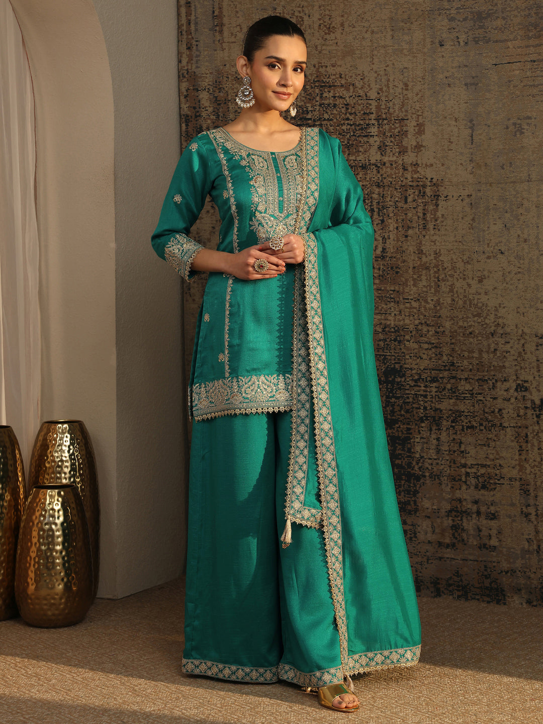  Libas Art Blue Embroidered Organza Straight Suit Set With Dupatta 