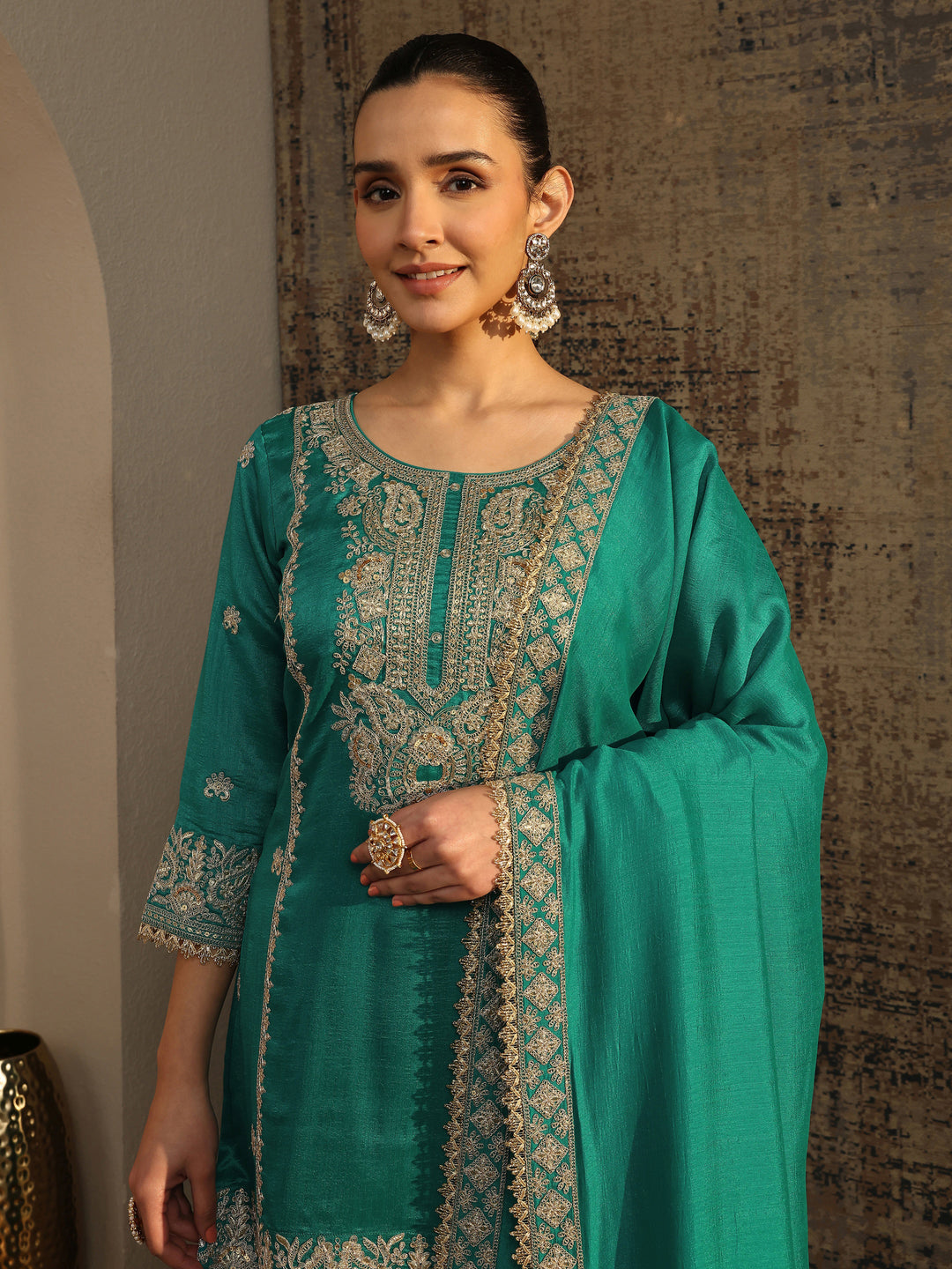  Libas Art Blue Embroidered Organza Straight Suit Set With Dupatta 