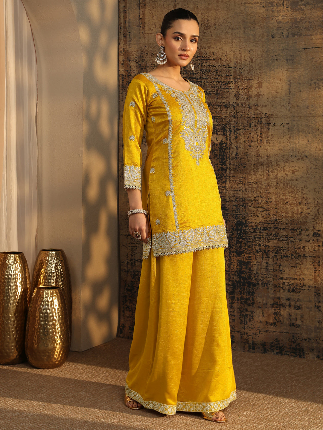  Libas Art Mustard Embroidered Organza Straight Suit Set With Dupatta 