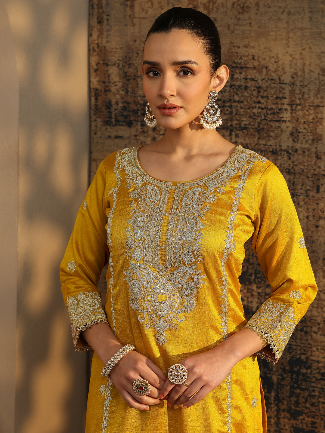  Libas Art Mustard Embroidered Organza Straight Suit Set With Dupatta 