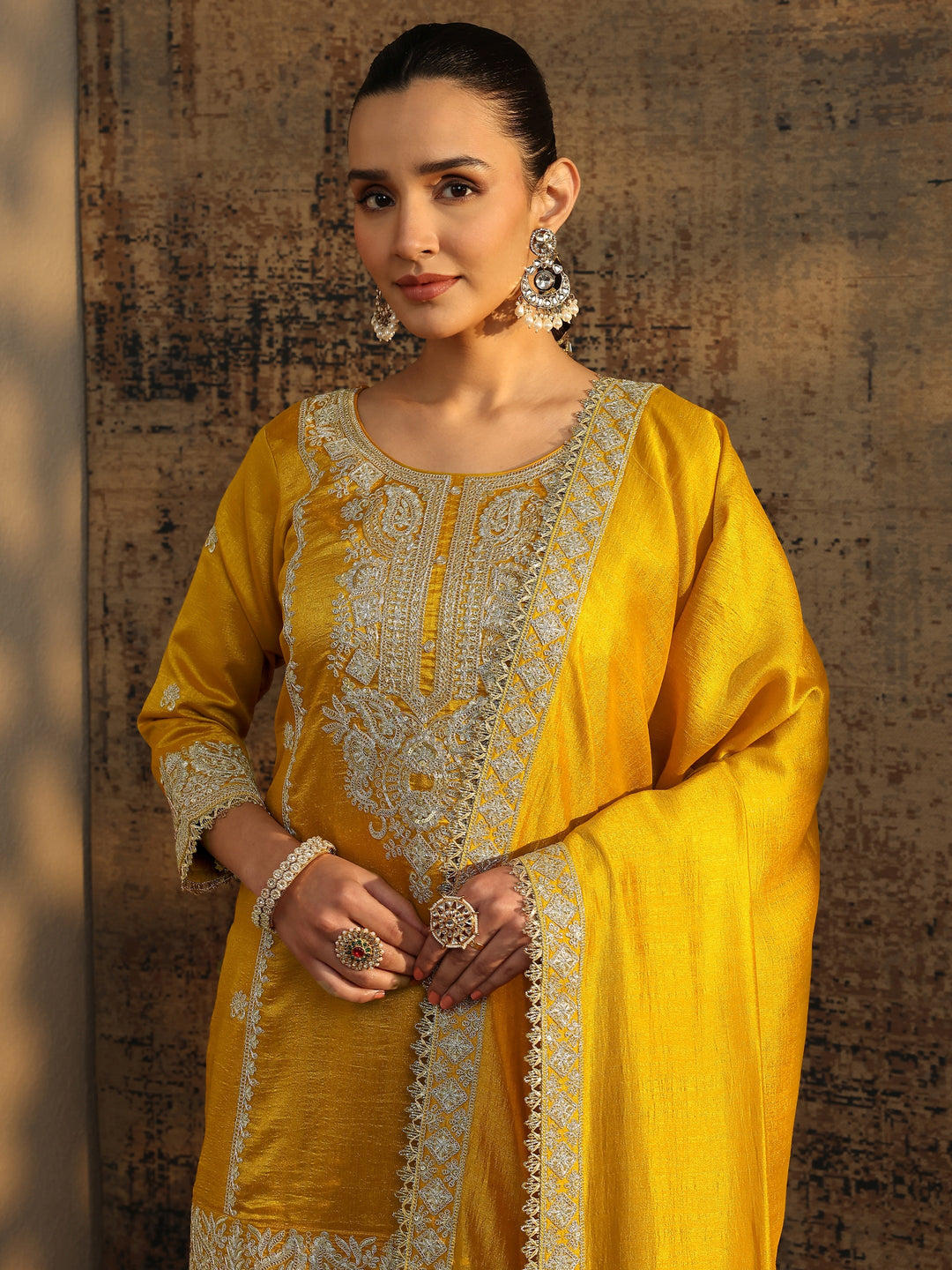  Libas Art Mustard Embroidered Organza Straight Suit Set With Dupatta 