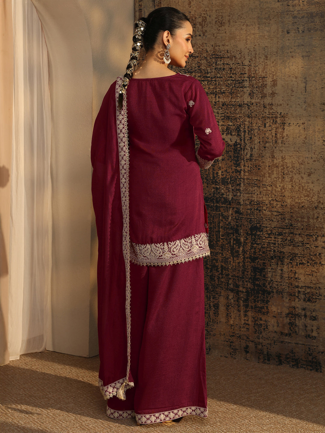  Libas Art Maroon Embroidered Organza Straight Suit Set With Dupatta 