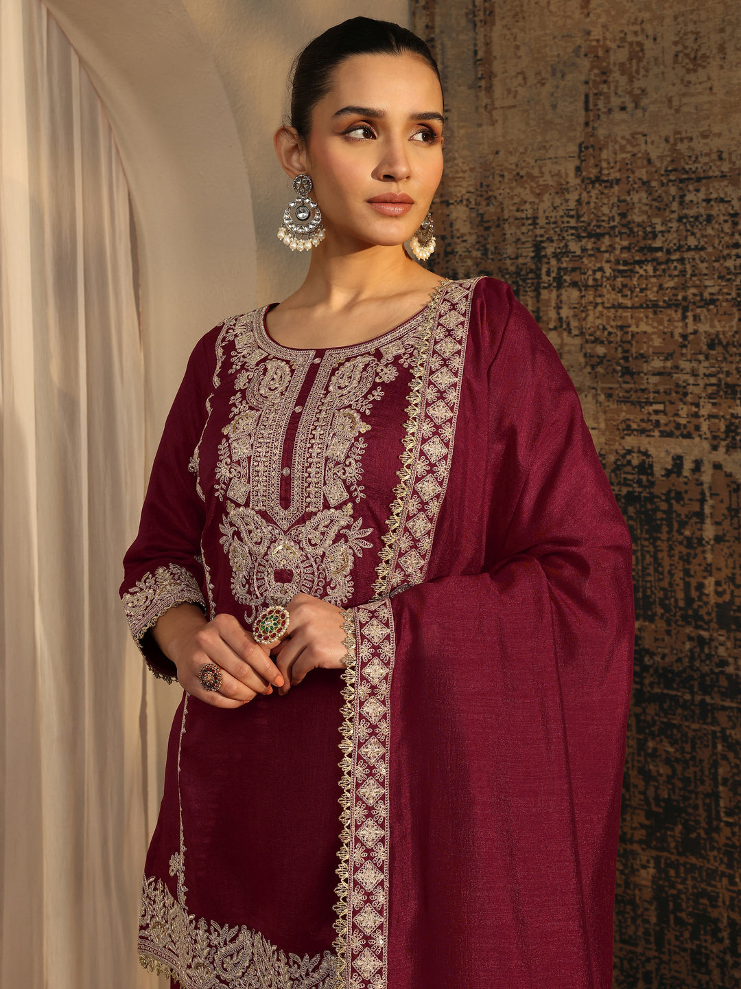 Libas Art Maroon Embroidered Organza Straight Suit Set With Dupatta 