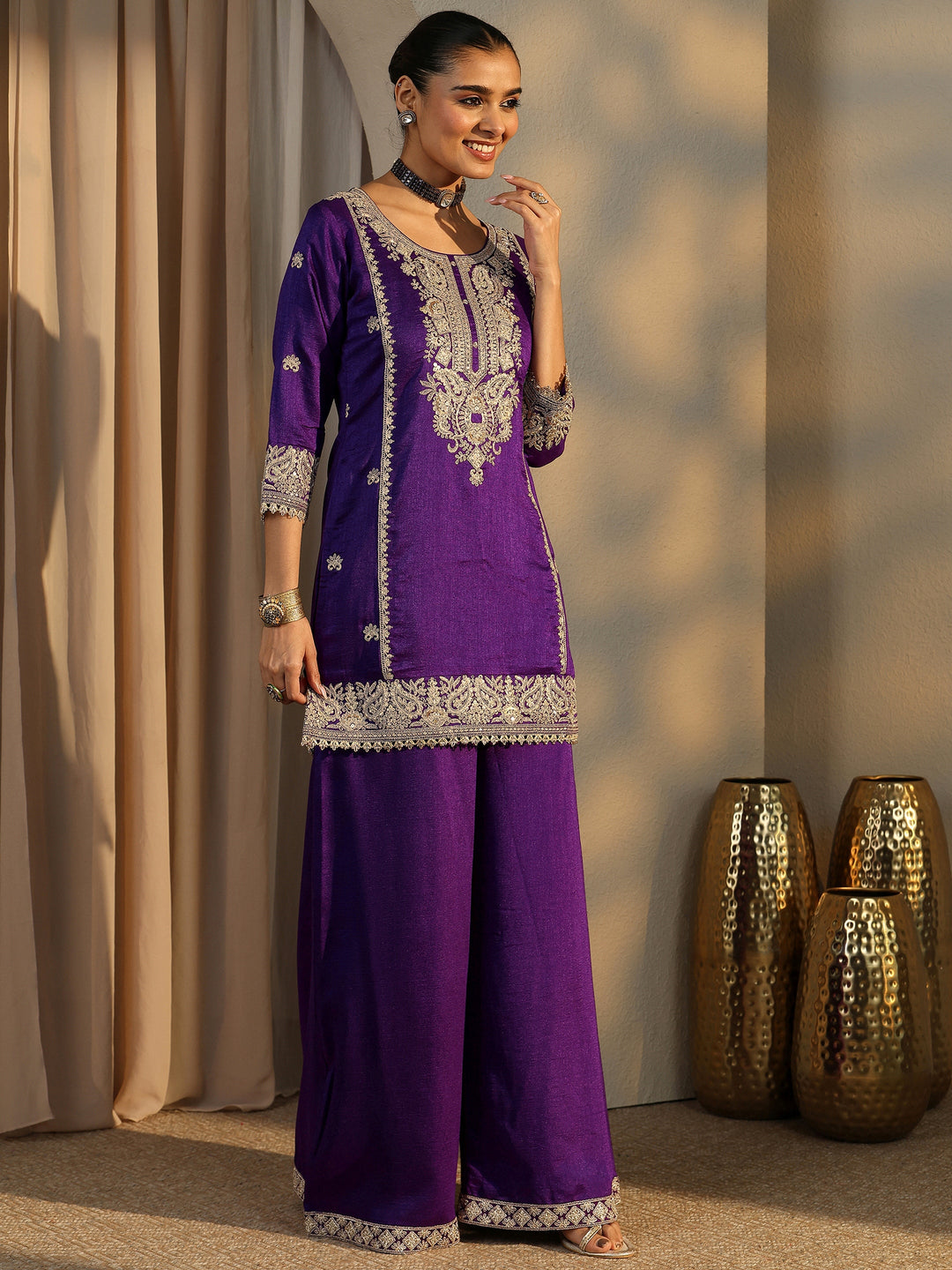  Libas Art Purple Embroidered Organza Straight Suit Set With Dupatta 