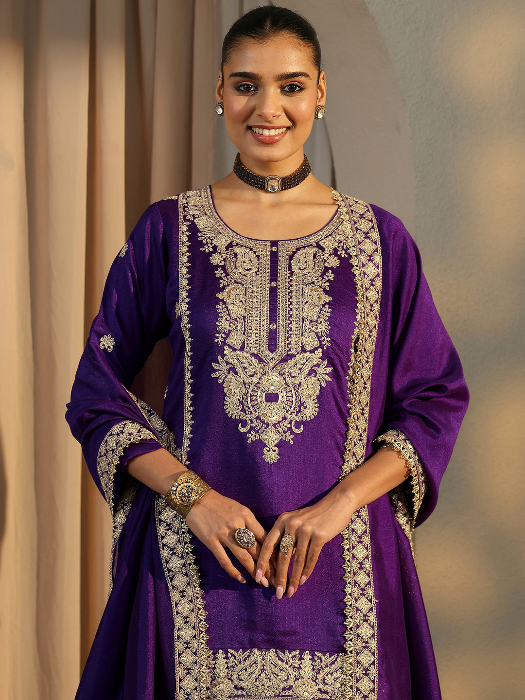  Libas Art Purple Embroidered Organza Straight Suit Set With Dupatta 