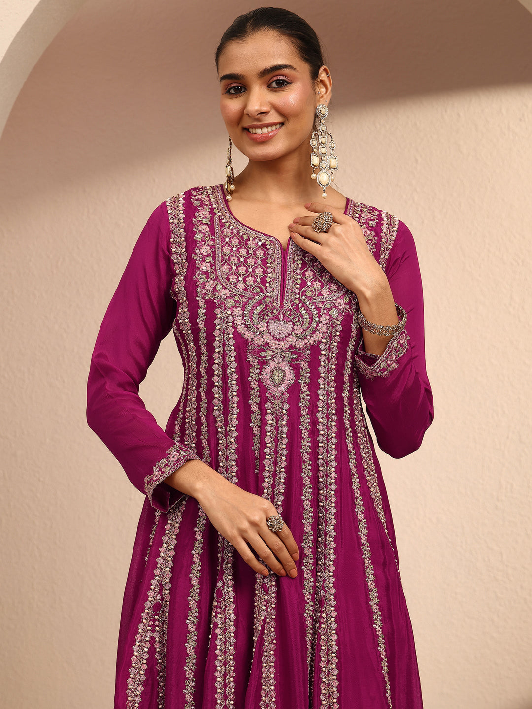  Libas Art Pink Embroidered Chinon Anarkali Suit Set With Dupatta 