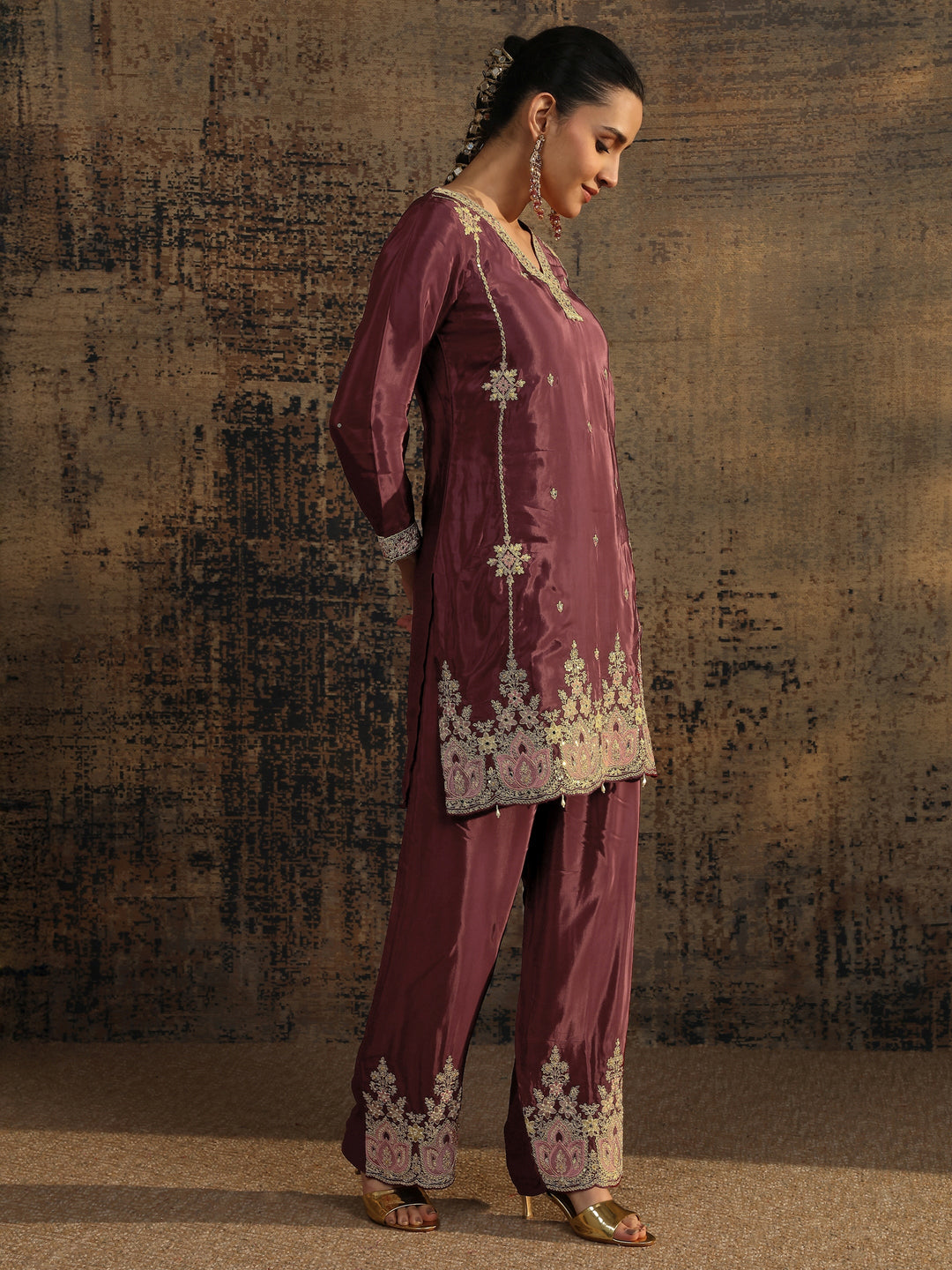  Libas Art Maroon Embroidered Crepe Straight Suit Set With Dupatta 