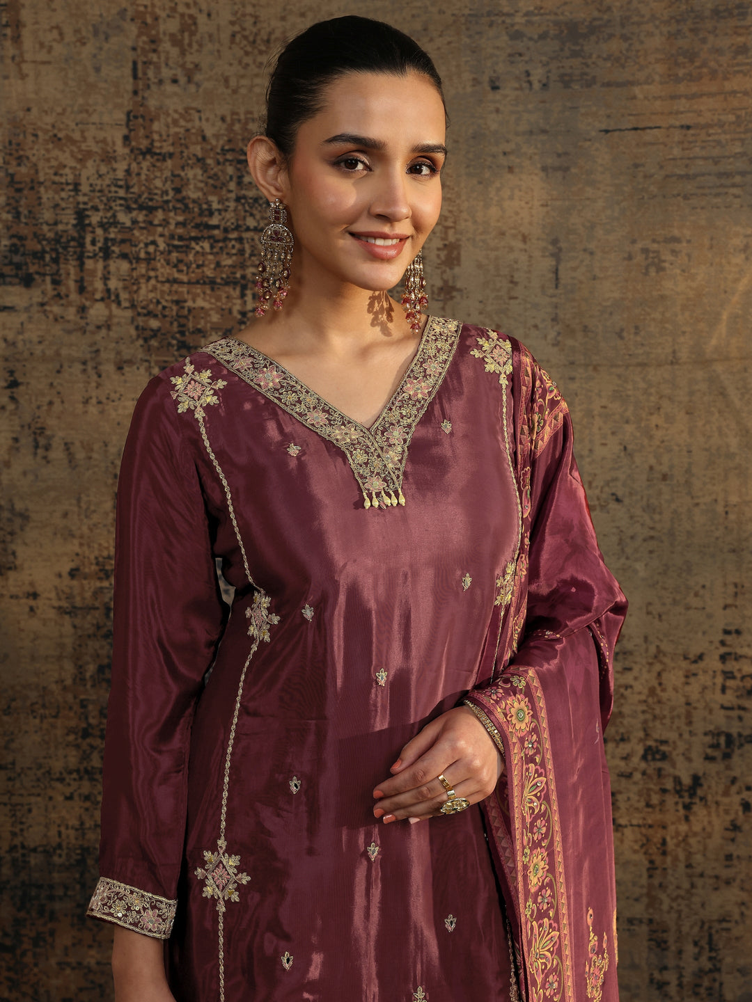  Libas Art Maroon Embroidered Crepe Straight Suit Set With Dupatta 