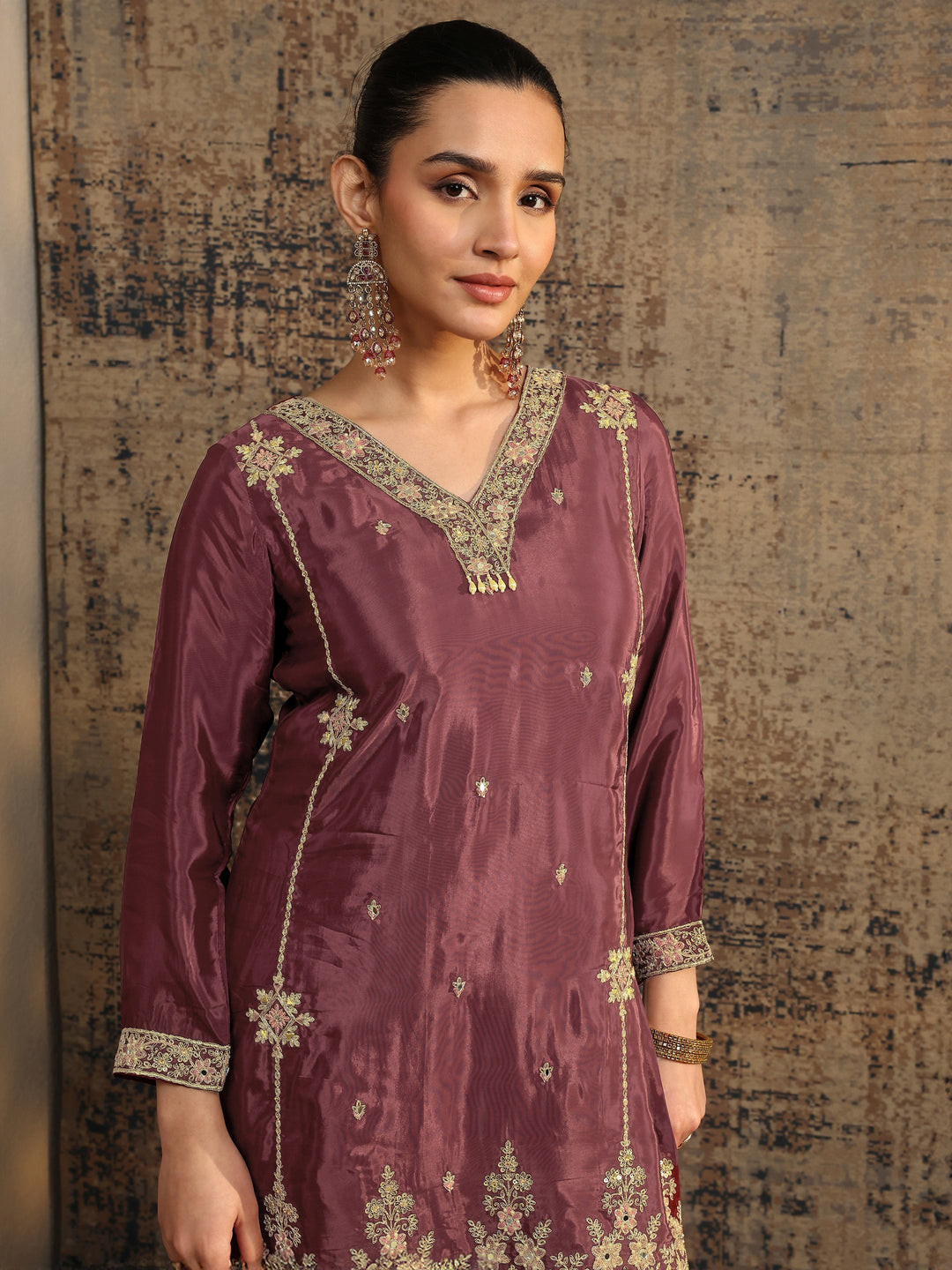  Libas Art Maroon Embroidered Crepe Straight Suit Set With Dupatta 