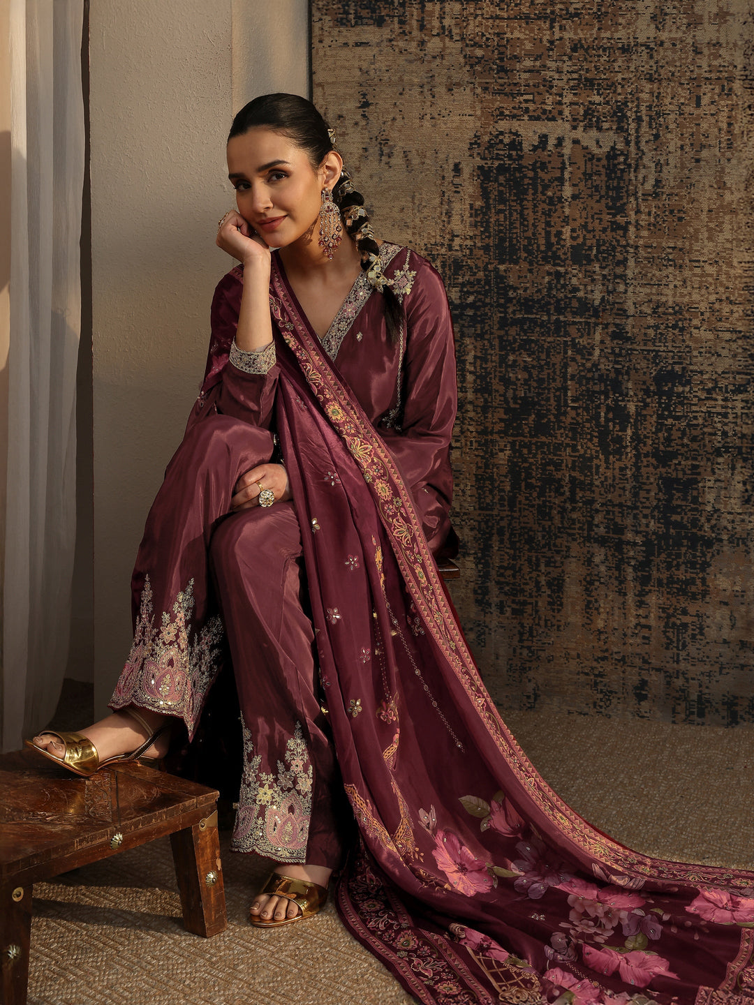  Libas Art Maroon Embroidered Crepe Straight Suit Set With Dupatta 