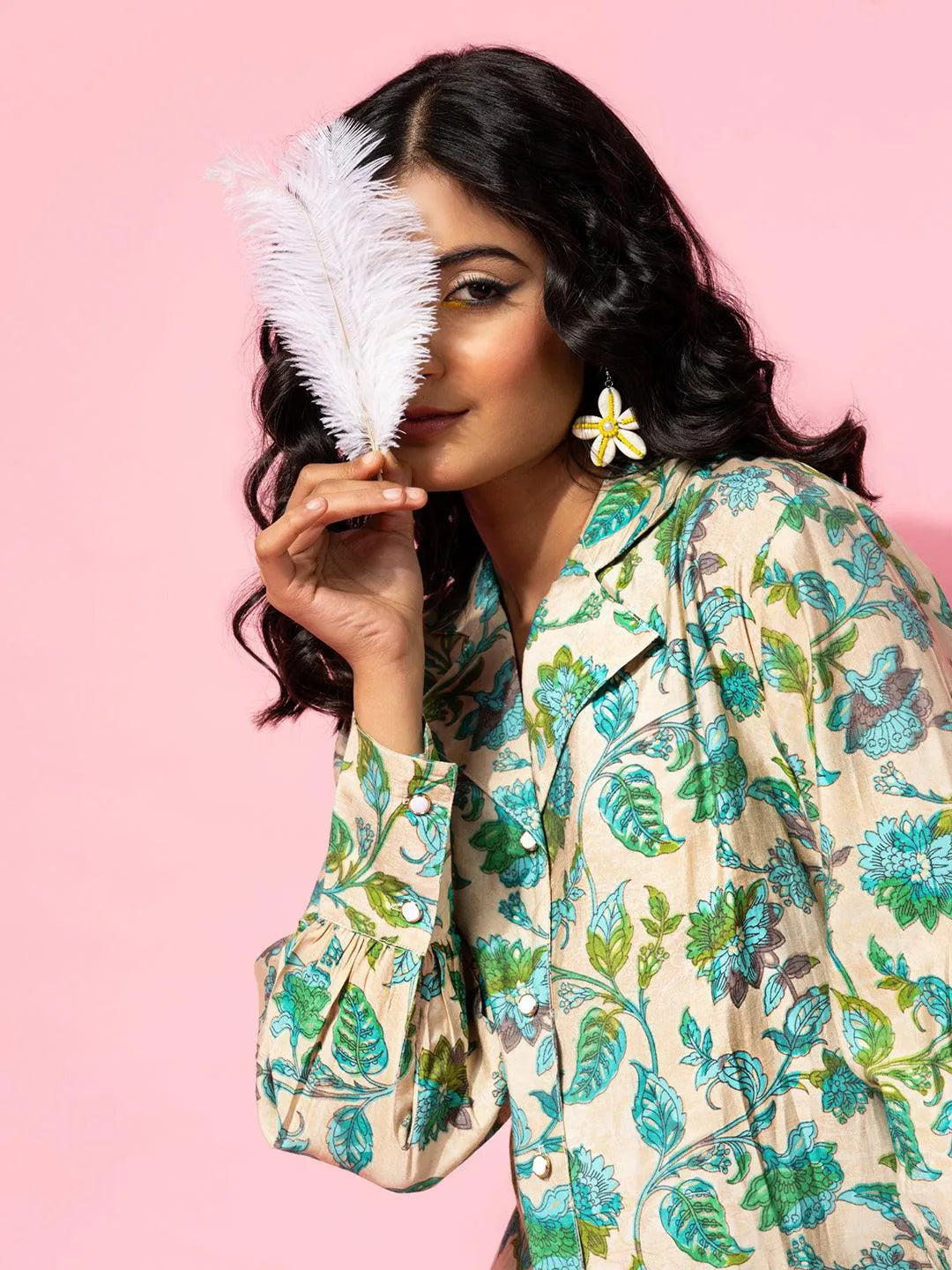 Beige Printed Silk Blend Co-Ords - Libas 