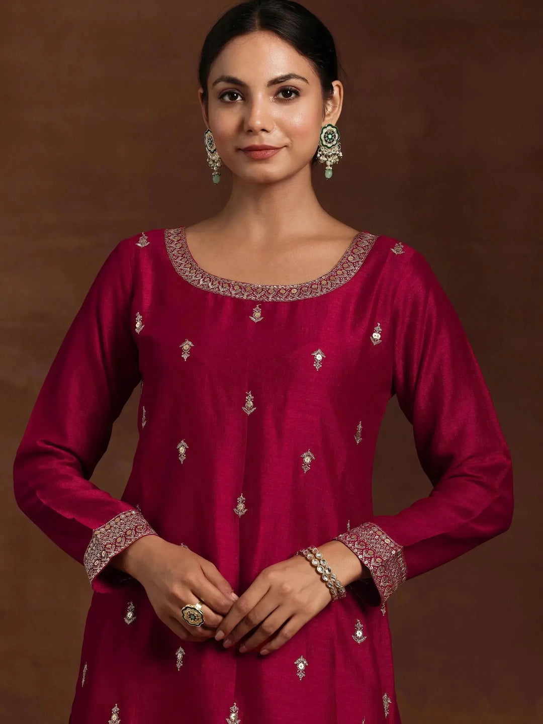 Pink Embroidered Silk Blend Straight Suit With Dupatta - Libas 