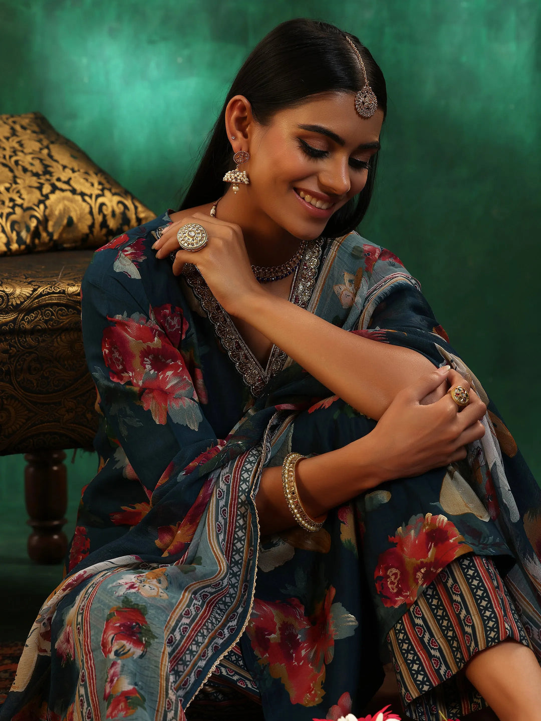  Teal Printed Silk Blend Straight Suit With Dupatta 