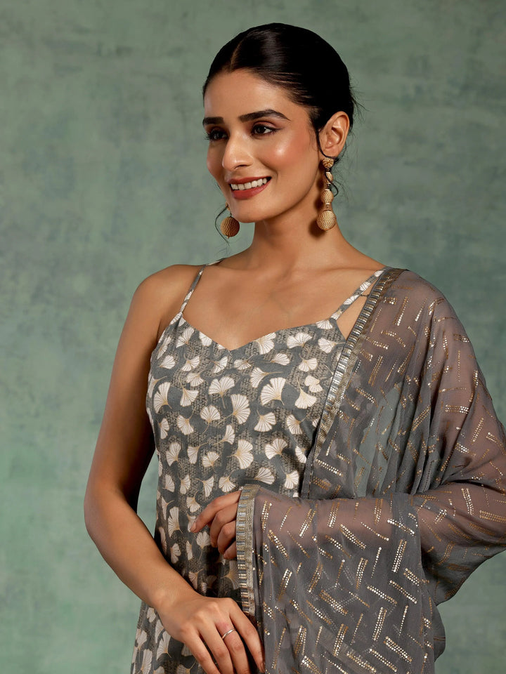 Grey Printed Cotton Straight Suit With Dupatta - Libas