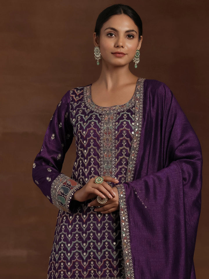 Purple Embroidered Silk Blend Straight Kurta With Palazzos & Dupatta - Libas