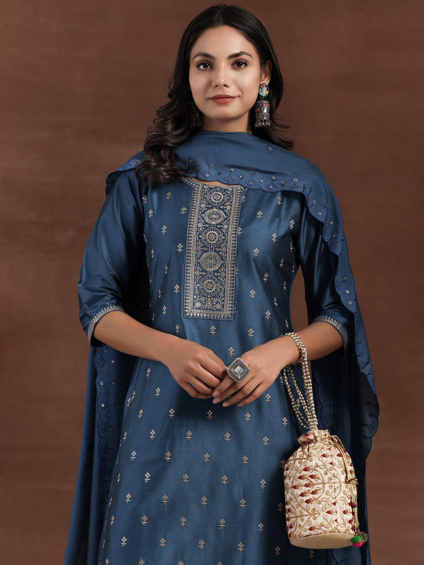 Blue Embroidered Silk Blend Straight Suit With Dupatta - Libas