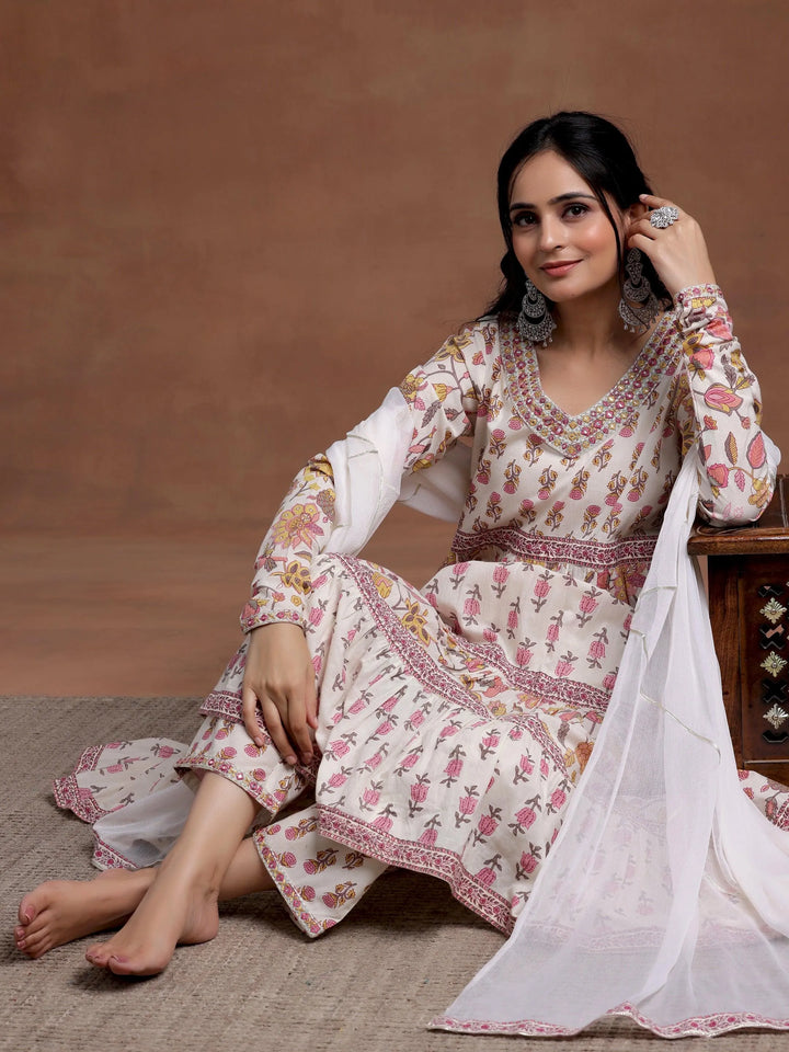 Off white Printed Cotton A-Line Kurta With Palazzos & Dupatta - Libas