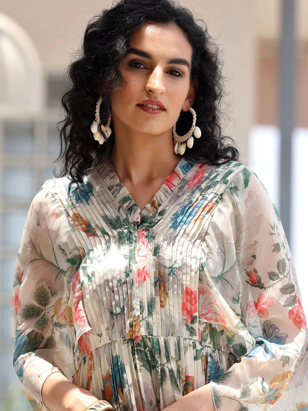  Off White Printed Chiffon A-Line Dress 