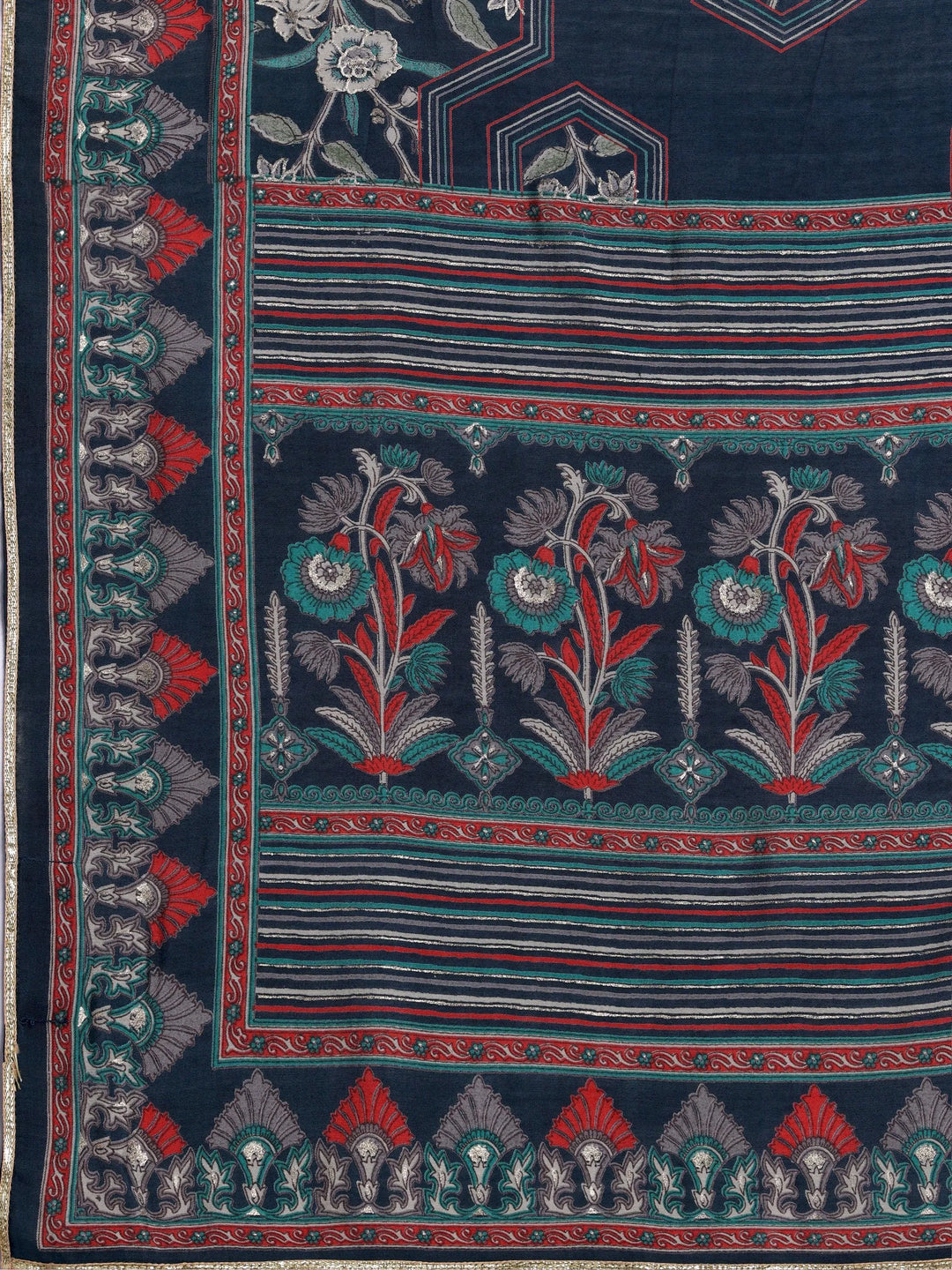 Blue Printed Silk Blend A-Line Kurta With Palazzos & Dupatta - Libas 