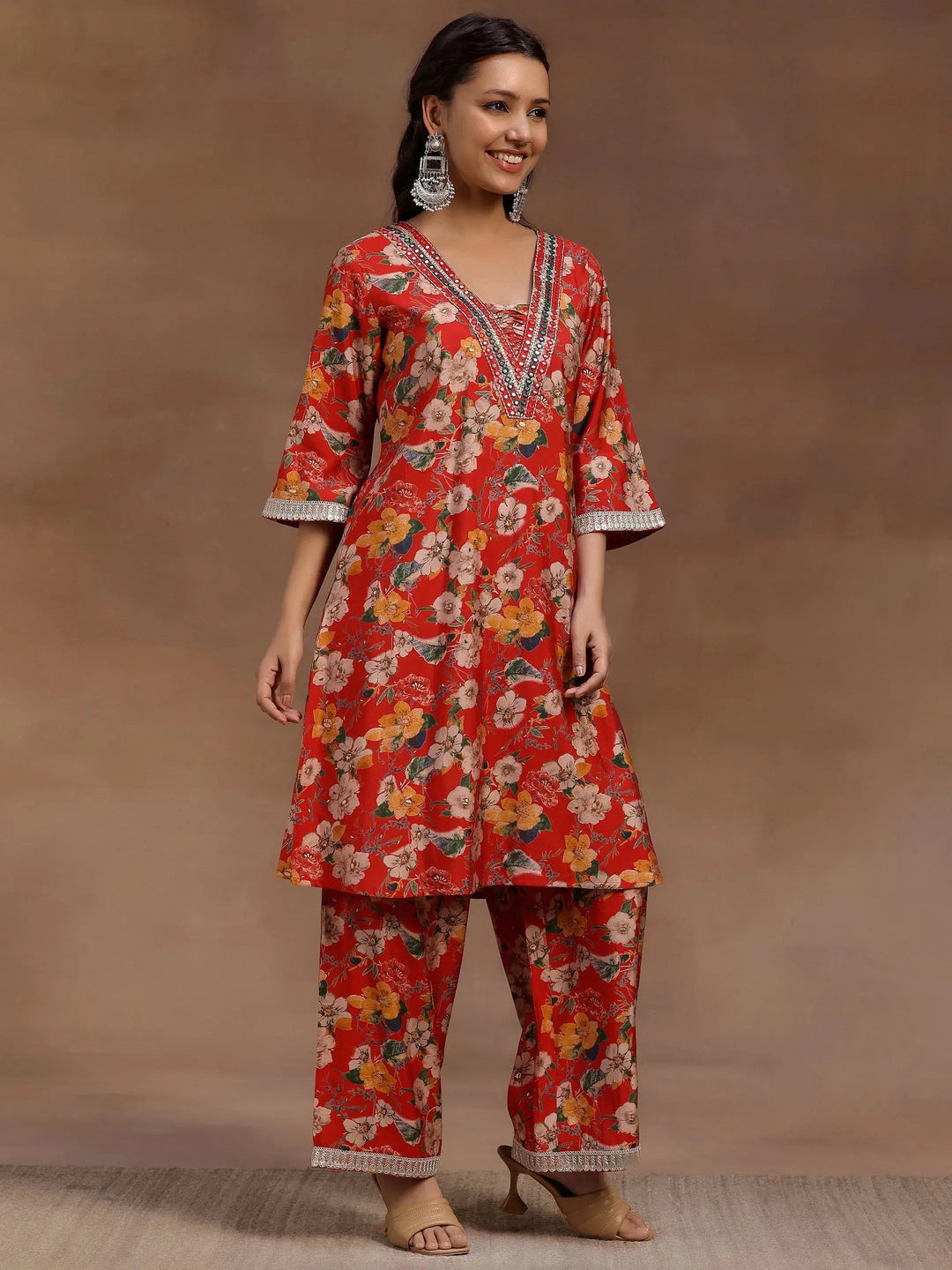 Red Printed Silk Blend Co-Ords 
