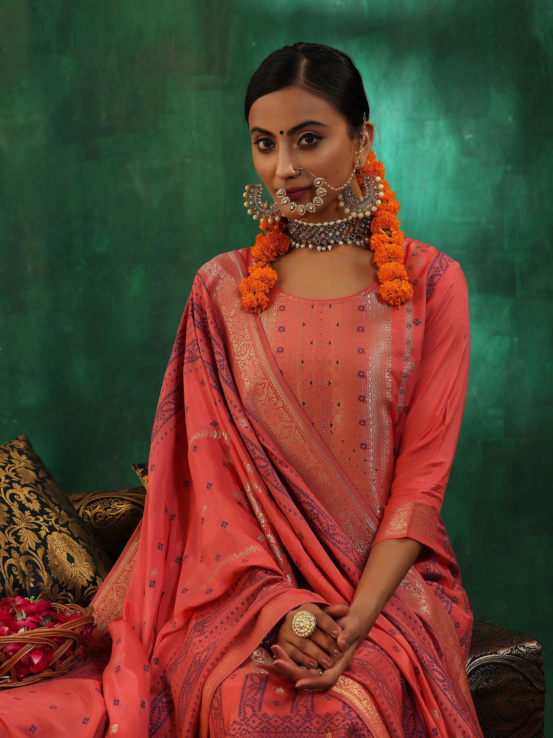  Peach Woven Design Silk Blend Straight Suit With Dupatta 